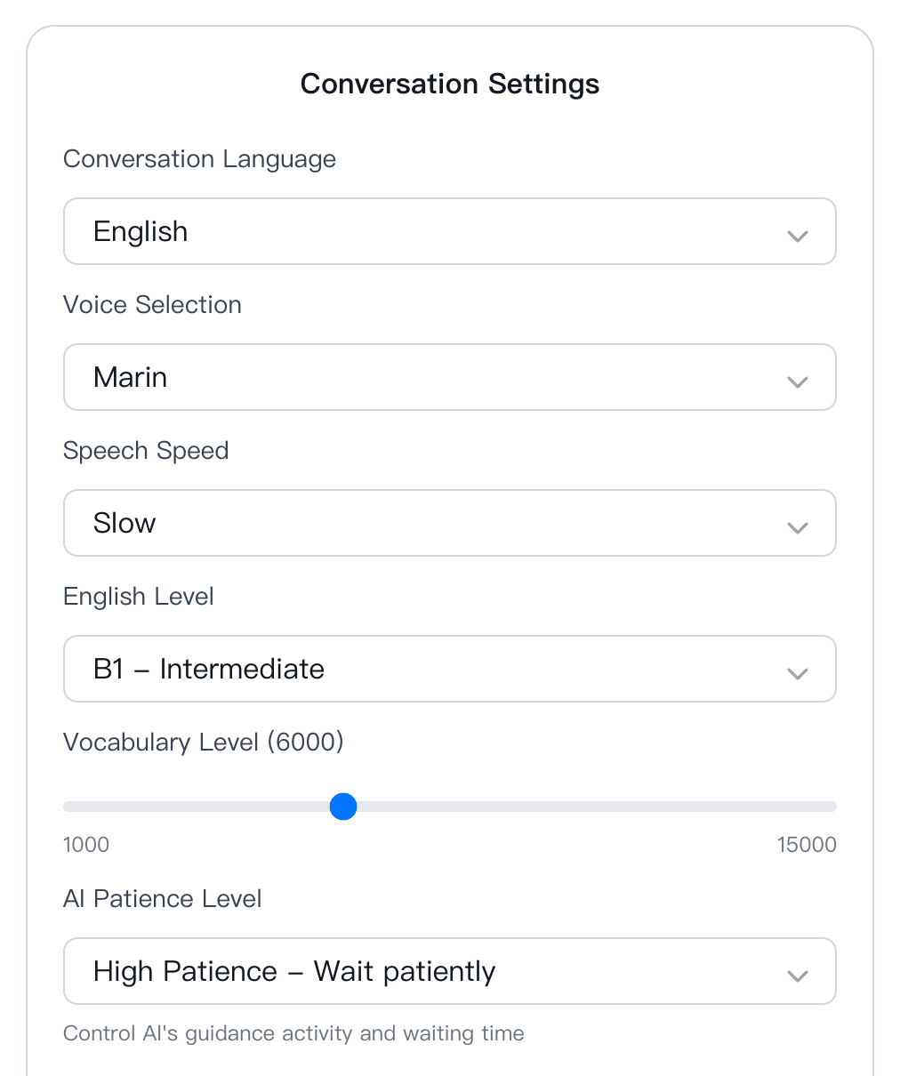 Personalized configuration interface showing conversation settings including language, voice selection, speech speed, English level, vocabulary level slider, and AI patience controls