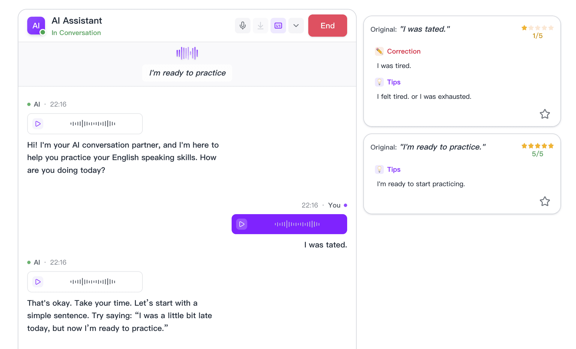 AI Conversation Interface showing English practice session with real-time corrections and feedback